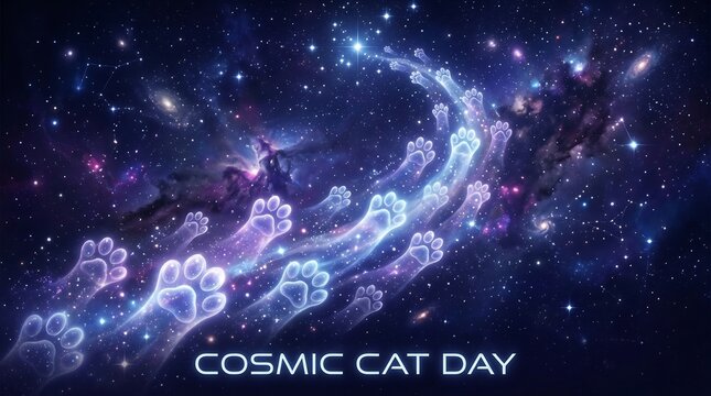 Ethereal glowing cat paw constellations drifting through vibrant starry nebula, Cosmic Cat Day digital art, celestial feline celebration, galaxy background, space fantasy graphic.