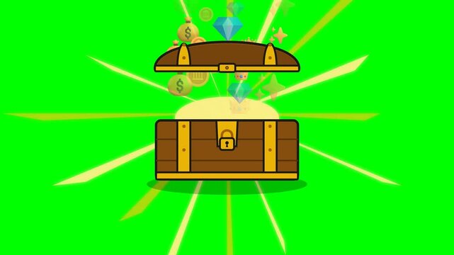 Animated Treasure Chest Opening with Glowing Gold Coins and Gems on Green Screen.