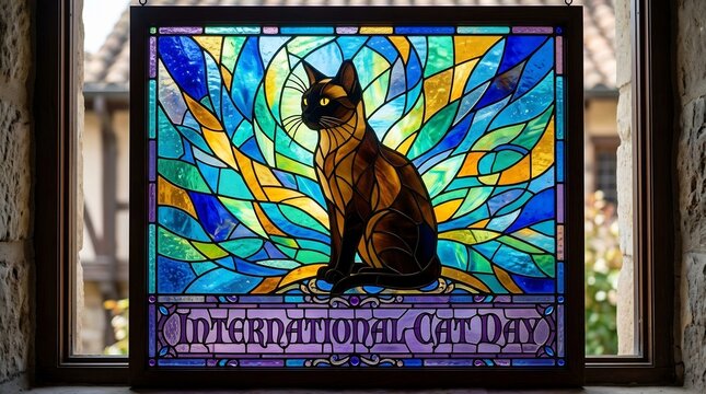 International Cat Day stained glass art featuring a Siamese cat. Vibrant mosaic glass patterns in blue and yellow hues. Artistic pet celebration window decor.