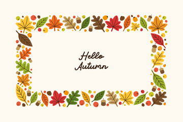 Fototapeta premium Autumn Leaves Frame Border with Acorns and Berries, Cute Fall Seasonal Decorative Illustration