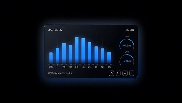 Dynamic glass morphism master eq audio interface visualizes sound spectrum with gain controls, offering a sleek and modern tool for precise audio engineering and music production applications.