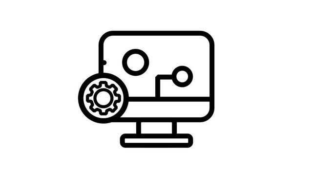 Computer System Management Animated Icon. Animated line icon displaying desktop computer screen with gear wheel representing system configuration software management and control.