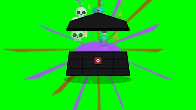 Animated Black Treasure Chest Opening with Magical Floating Skulls and Colorful Light Rays.
