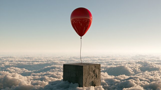 Red balloon tied to cube floating on clouds with sunset sky