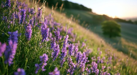 Obraz premium Wild purple flowers bloom on a sun-drenched rolling hillside at sunset