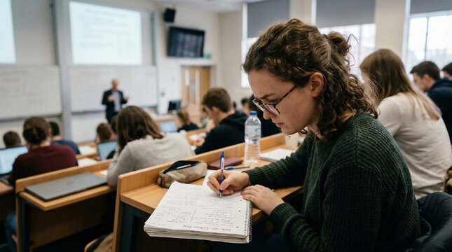 Student Focus in Lecture Hall: A young female student diligently takes notes during a university lecture, surrounded by her peers, with a professor at the front of the classroom.
