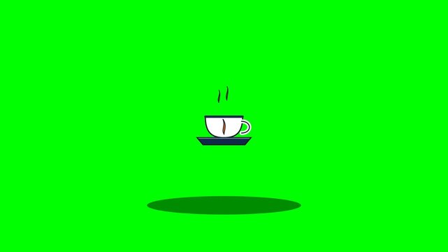 Animated Coffee Cup Floating Above Shadow on Green Screen Background.