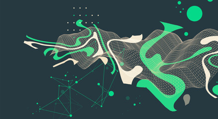 Obraz premium Abstract futuristic background with dynamic green and beige fluid waves, mesh grid, geometric lines. Vector