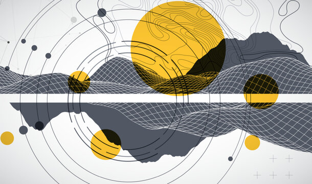 Abstract digital landscape with wireframe terrain, geometric circles, and plexus art. Vector