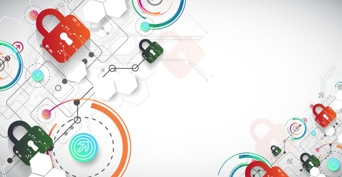 Cybersecurity background with colorful padlocks, circuit board lines, geometric circles. Vector concept