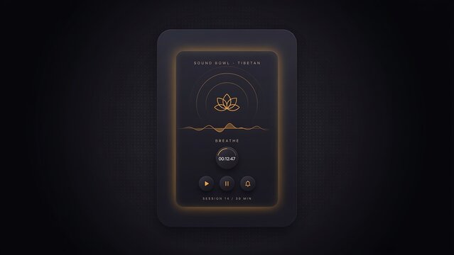 Minimalist dark neomorphic UI design for a meditation app featuring a sound bowl and a lotus symbol, with a timer set to 12 minutes and 47 seconds.