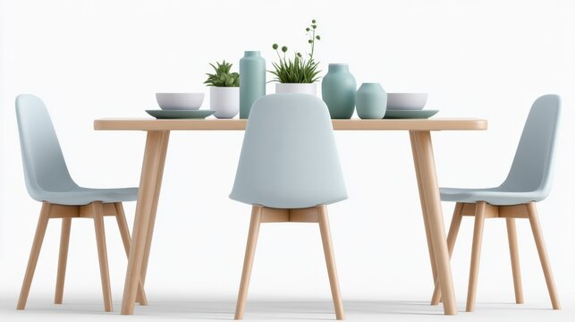 A minimalist dining set featuring a light wood table with four modern light blue chairs, adorned with green plants and simple ceramic vases