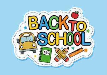 Etiqueta adhesiva escolar con letras coloridas y material educativo de vuelta al cole