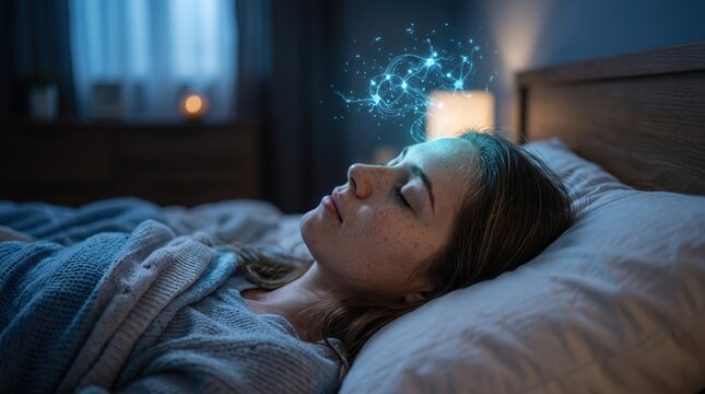 Dreamscape Consciousness: A young woman sleeps peacefully in her bed, her mind alight with the ethereal glow of dreams and celestial constellations, symbolizing imagination and subconscious thought.
