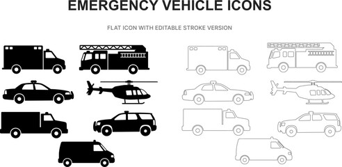 emergency vehicle ambulance police fire rescue silhouette outline stroke flat black icon set vector illustration graphic isolated white © Josnara