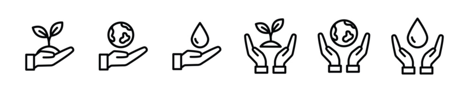 hand plant environment sustainability ecology nature simple outline icon set