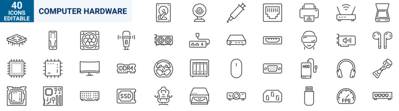 Computer hardware Line Icons Set. Tech devices. Includes CPU, GPU, motherboard, RAM, hard drive, SSD, monitor, keyboard, mouse, printer Editable stroke. Vector illustration