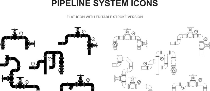 pipeline system pipe oil gas tube silhouette outline stroke flat black icon set vector illustration graphic isolated white