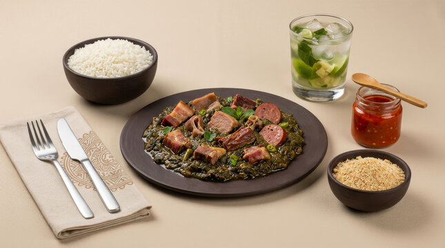 tradicional receita brasileira de mani&ccedil;oba acompanhada de arroz branco, farofa e capirinha de lim&atilde;o, caju e jambu - Traditional Brazilian mani&ccedil;oba recipe served with white rice, farofa and caipirinha