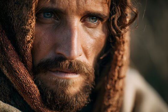 Dramatic closeup portrait of jesus christ with hooded cloak looking intensely