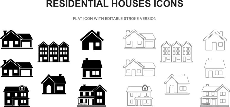 residential houses home building real estate silhouette outline stroke flat black icon set vector illustration graphic isolated white