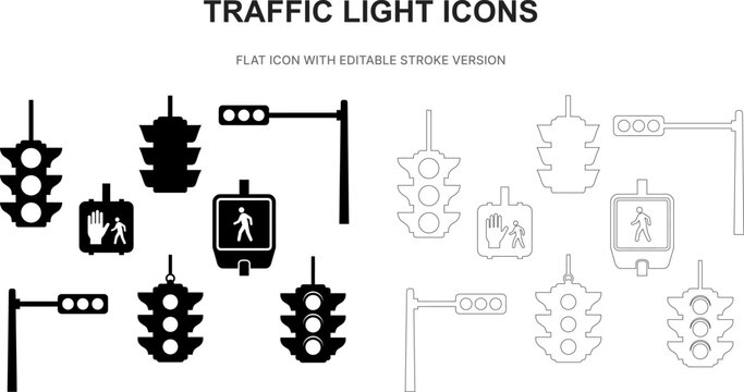 traffic light signal road street transportation silhouette outline stroke flat black icon set vector illustration graphic isolated white