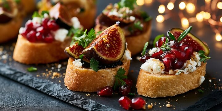 Bruschetta with figs, goat cheese, pomegranate and herbs is arranged across dark slate. Festive Italian-inspired appetizers unite creamy, sweet and fresh seasonal flavors.