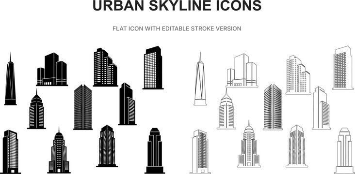 urban skyline city building architecture cityscape silhouette outline stroke flat black icon set vector illustration graphic isolated white