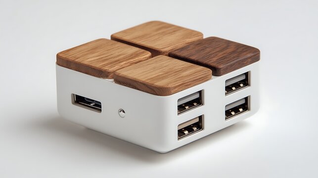 Modern usb hub with wooden top design and multiple ports for computer connection