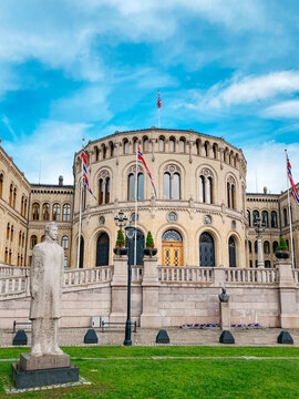 Norwegian Parliament beyond a garden lawn in Oslo