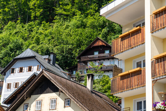 Traditional Wooden Houses with Wooden Balcony in Alpine Village of Hallstatt