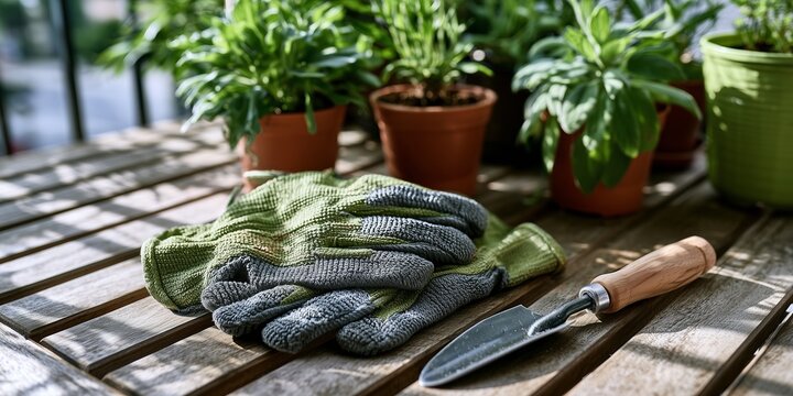 Gardening gloves and hand trowel lie beside potted balcony plants. Essential tools support accessible small-space gardening in the city.