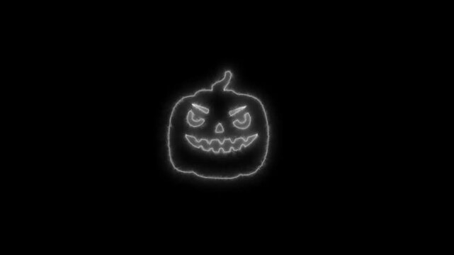 Glowing White Neon Halloween Pumpkin Outline Animation on Black Background 4K