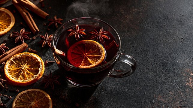 Mulled wine in a glass mug with star anise, cinnamon and dried orange