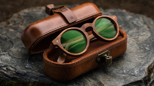 Vintage wooden sunglasses with green lenses inside an open leather case on a dark stone surface