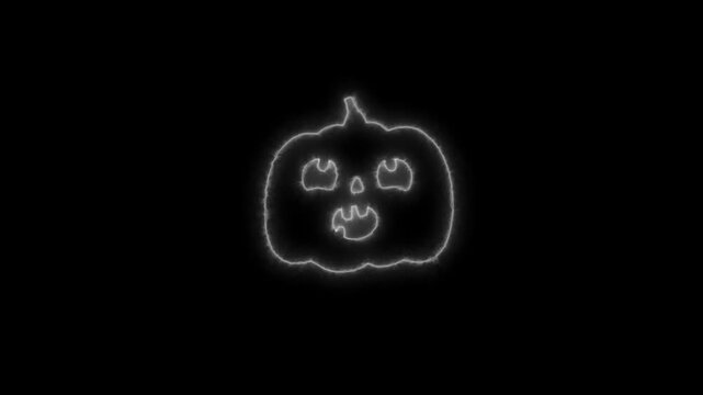 Glowing White Neon Halloween Pumpkin Outline Animation on Black Background 4K
