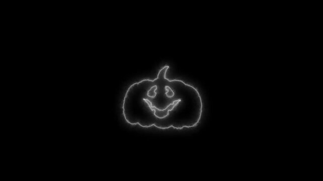 Glowing White Neon Halloween Pumpkin Outline Animation on Black Background 4K