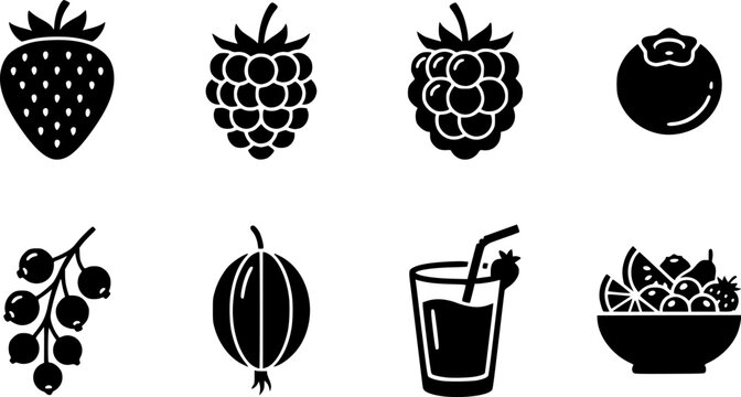 Berry and Fruit Outline Icon Set with Strawberry, Raspberry, Blackberry, Blueberry, Currant, Gooseberry, Smoothie and Fresh Fruit Bowl
