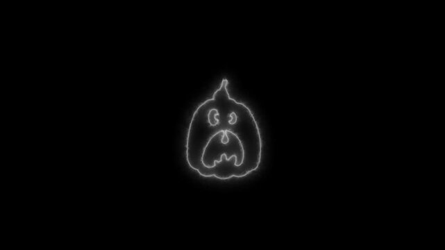 Glowing White Neon Halloween Pumpkin Outline Animation on Black Background 4K