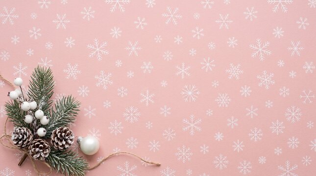 Une branche de sapin avec pommes de pin repose sur un fond rose &agrave; motifs de flocons de neige. Id&eacute;al pour les cartes de v&oelig;ux, les banni&egrave;res web et le marketing de No&euml;l.