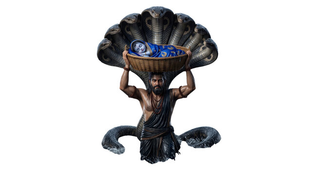 Dark vasudeva carrying baby krishna protected by sheshnag, isolated on transparent background