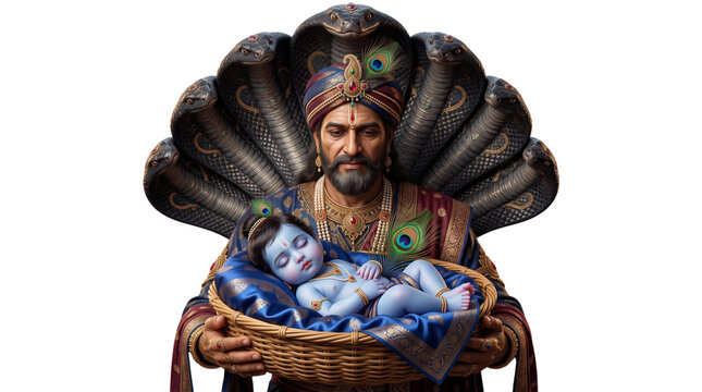 Regal vasudeva holding baby krishna protected by sheshnag, isolated on transparent background