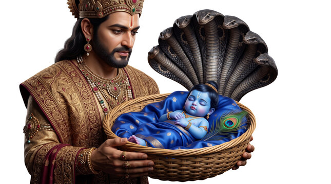 Vasudeva carrying baby krishna protected by sheshnag, isolated on transparent background