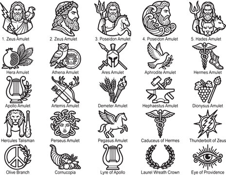 A collection of illustrated amulets and symbols from ancient Greek mythology, featuring gods, goddesses, and mythical creatures, presented in a graphic design layout.