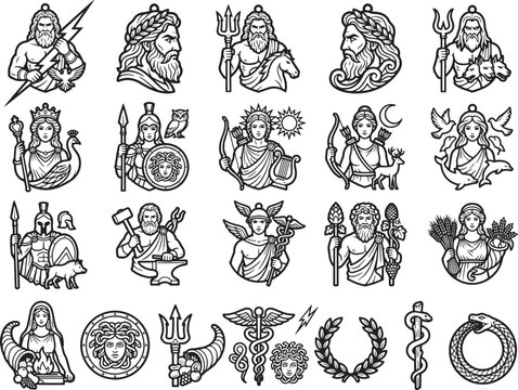 A collection of stylized illustrations depicting ancient Greek deities and mythological symbols, rendered in a classic black and white aesthetic. Each image captures the essence of a god, goddess.