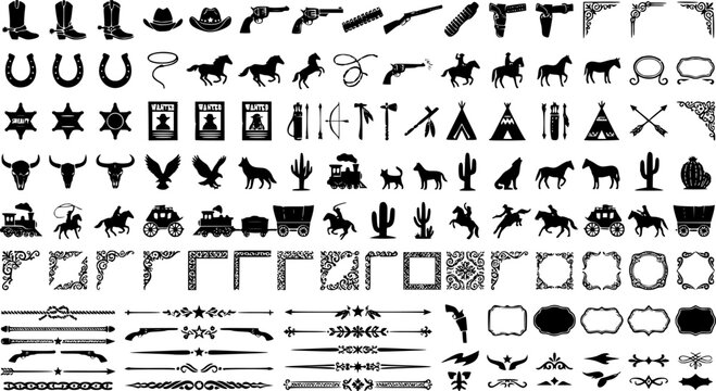 A large collection of old western design elements, embellishment, borders and divider lines.

