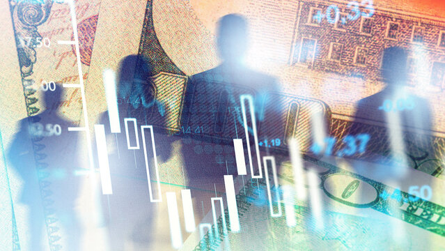 Trading activity takes place with business charts and stock market data in a financial environment