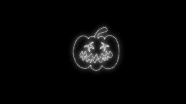 Glowing White Neon Halloween Pumpkin Outline Animation on Black Background 4K
