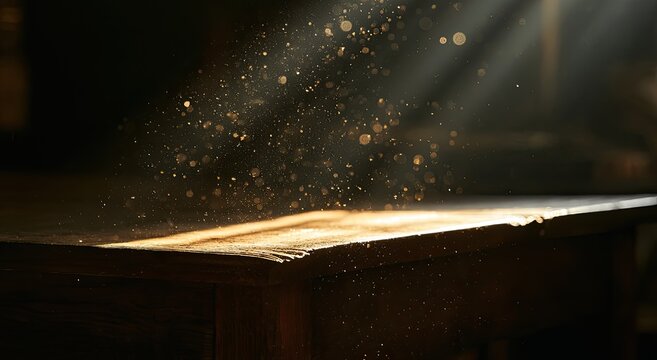 Sunlight beams illuminate dust motes dancing above a worn, wooden surface