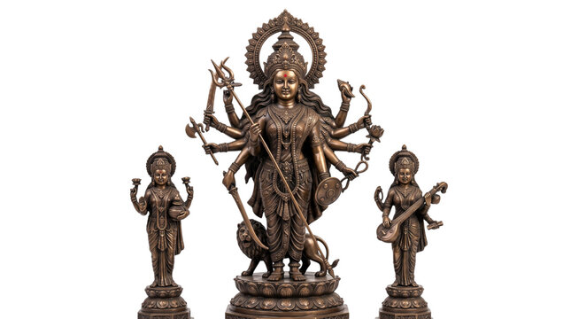 Bronze statue of goddess durga with lakshmi and saraswati, isolated on transparent background